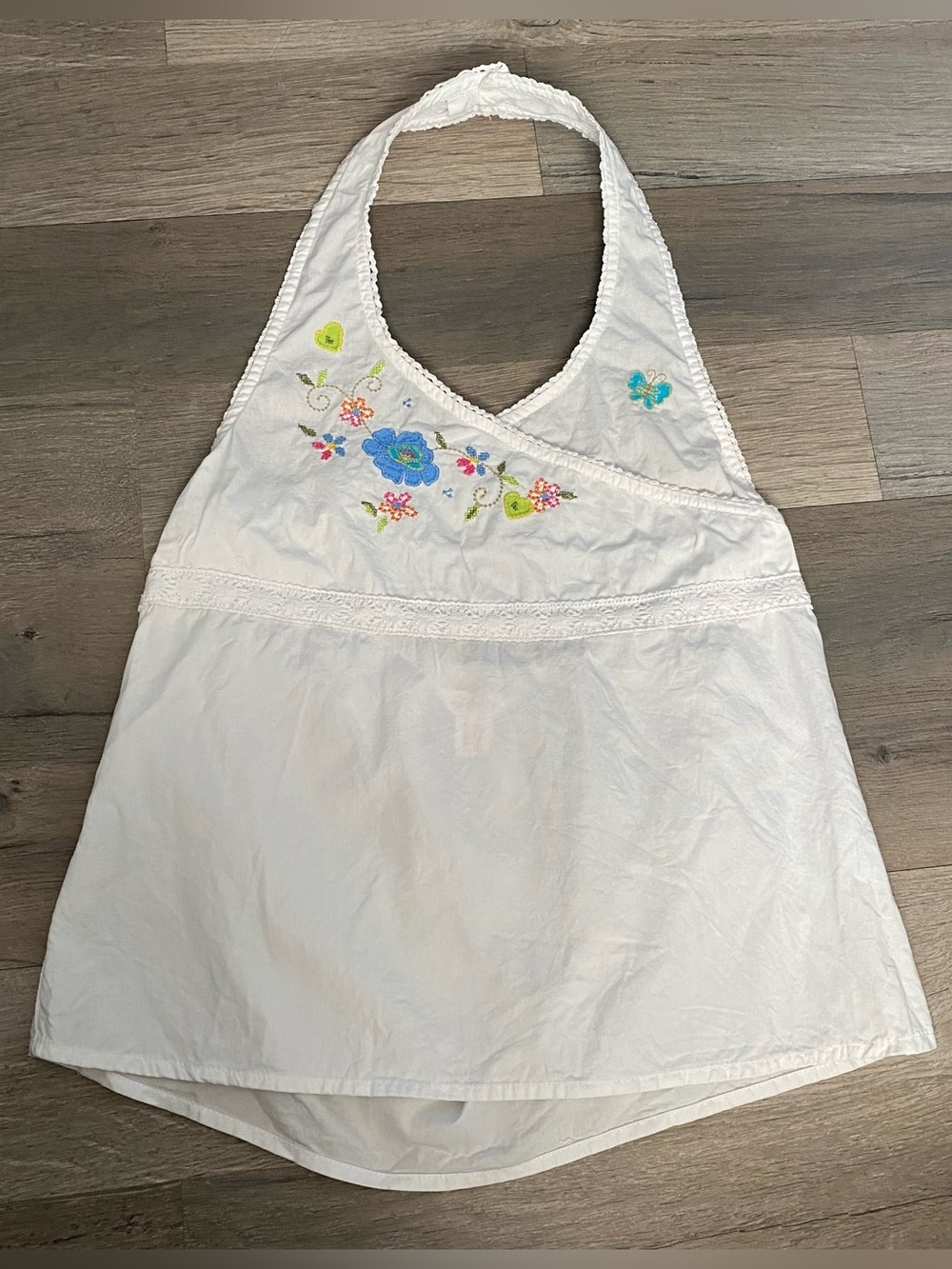 Vintage Y2K Kids Girls White Floral Embroidered Cotton Halter Top Size M Cottage